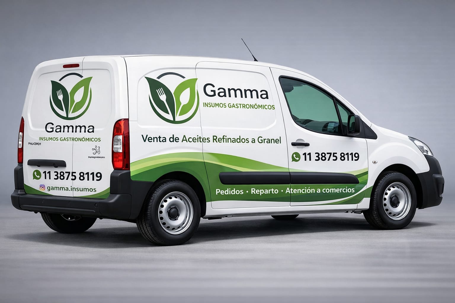 Camioneta institucional de reparto Gamma frente a restaurante gastronómico